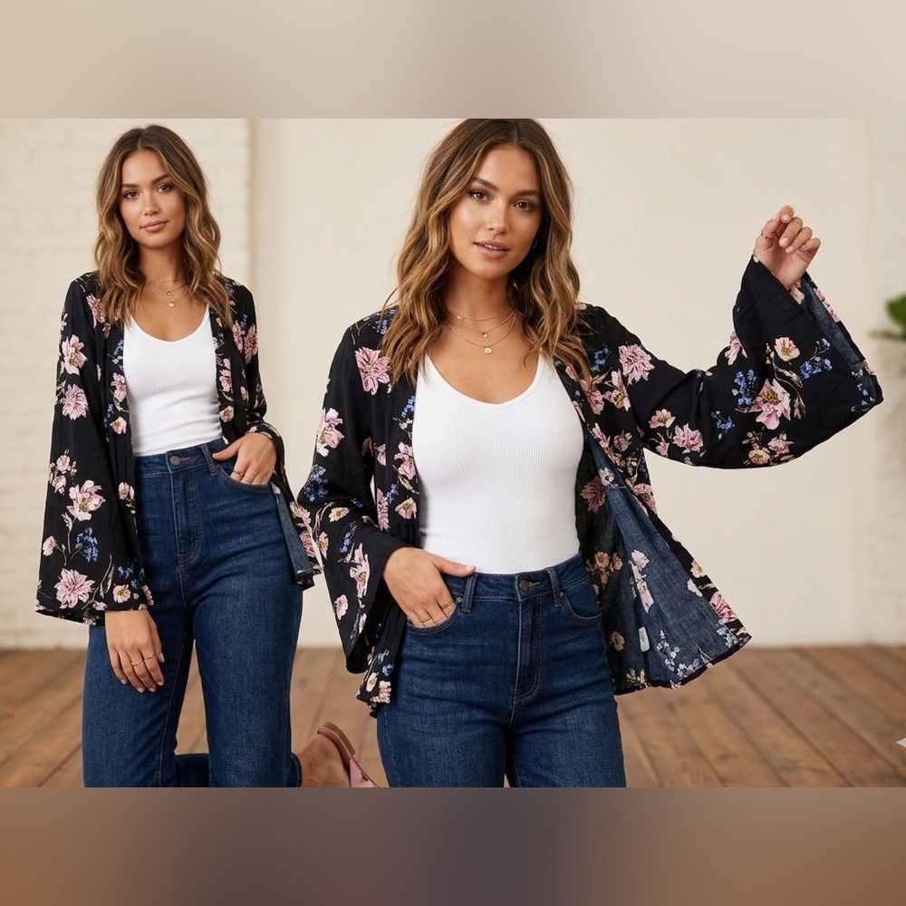 Floral Open-Front Kimono GORGEOUS  !! - Black/Blush